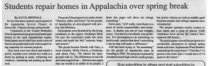 Student Paper article about students doing service work, "Students repair homes in Appalachia over spring break"