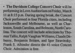 Student paper article about The Davidson College Concert Choir