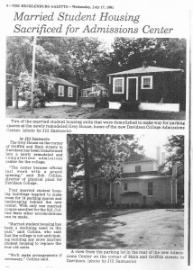 Mecklenburg Gazette article on the final demise of the cardboard village, "Married Student Housing Sacrificed for Admissions Center"