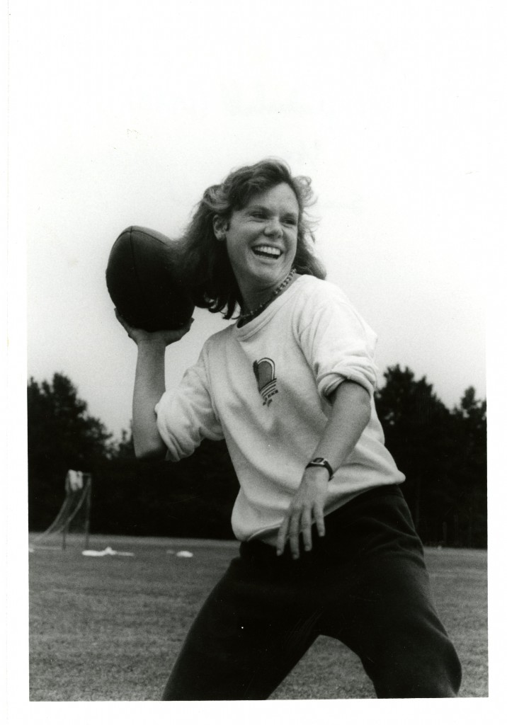 Susan MacDonald (Class of 1986) throws the ball in a flickerball game, circa 1984.