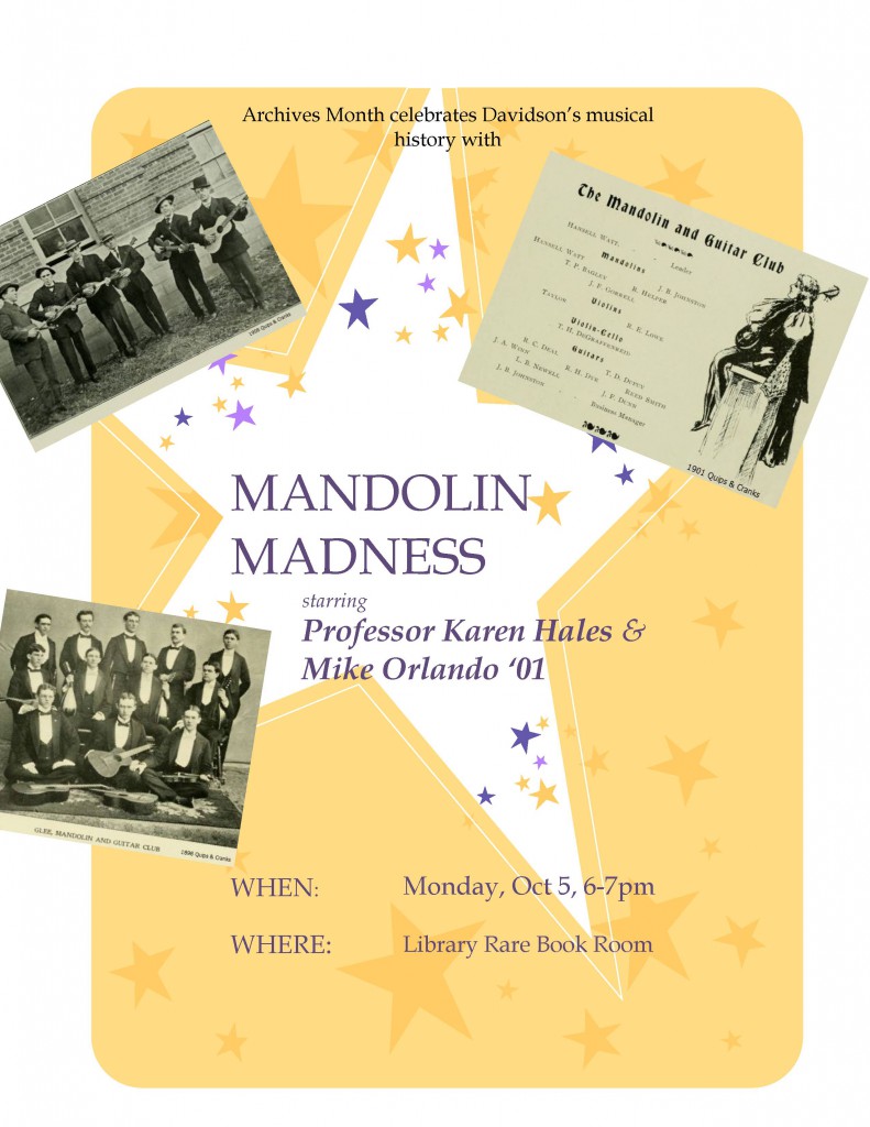 Flyer advertising Mandolin Madness. "Mandolin Madness staring Professor Karen Hales & Mike Orlando '01"