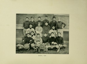 Group photo of 16 people with baseball equipment, unknown year but most likely before 1902