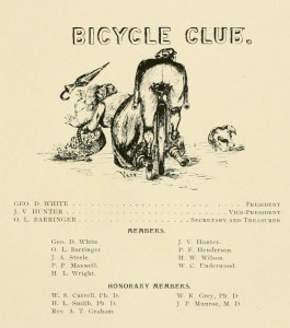 Bicycle Club page from 1895 Quips and Cranks listing the members with an illustration of a man riding a bicycle