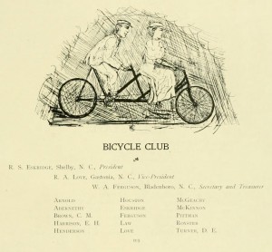 The Bicycle club page from the 1897 Quips and Cranks with an illustration of two people riding a tandum bicycle