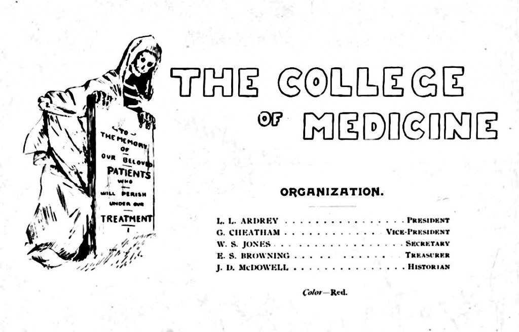 The College of Medicine page from the 1895 Quips and Cranks listing the President, Vice-President, Secretary, Treasurer, and Historian