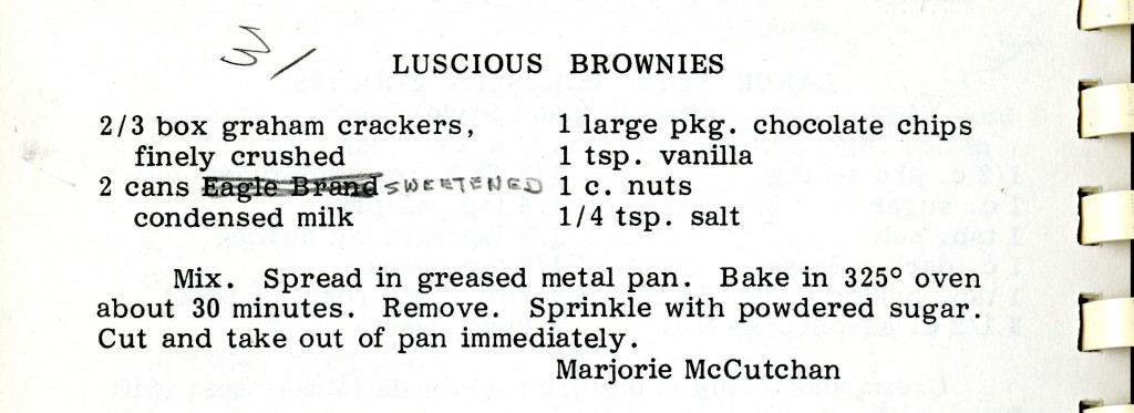 Marjorie McCutchan's "Luscious Brownies" recipe in the 1985