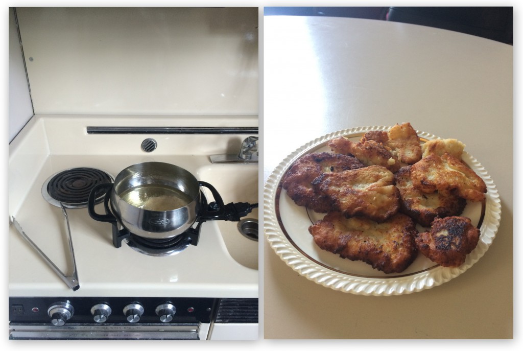 Left: fondue frying setup (thanks to Davidson College's Technical Director/Scenographer Neil Reda for letting us borrow one of his fondue pots!). Right: Potato Poories on a plate