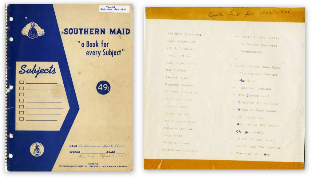 The cover of the notebook used for recording minutes for the 1965-66 year of meetings, and the book list showing each member's selection for their first book.