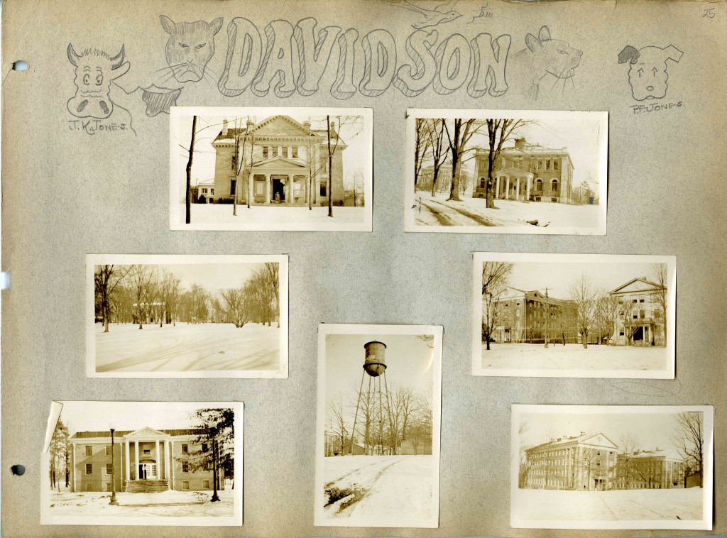 Page 25 of the Brown scrapbook, with photographs of many Davidson College campus buildings and hand-drawn animals (including two wildcats).