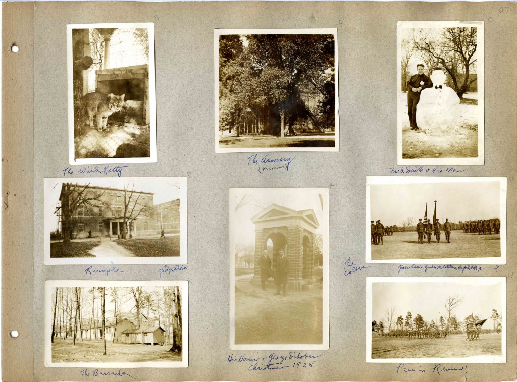 Page 27 from the Brown scrapbook, showing scenes around campus (including snowman-building and one of the livve wildcat mascots.