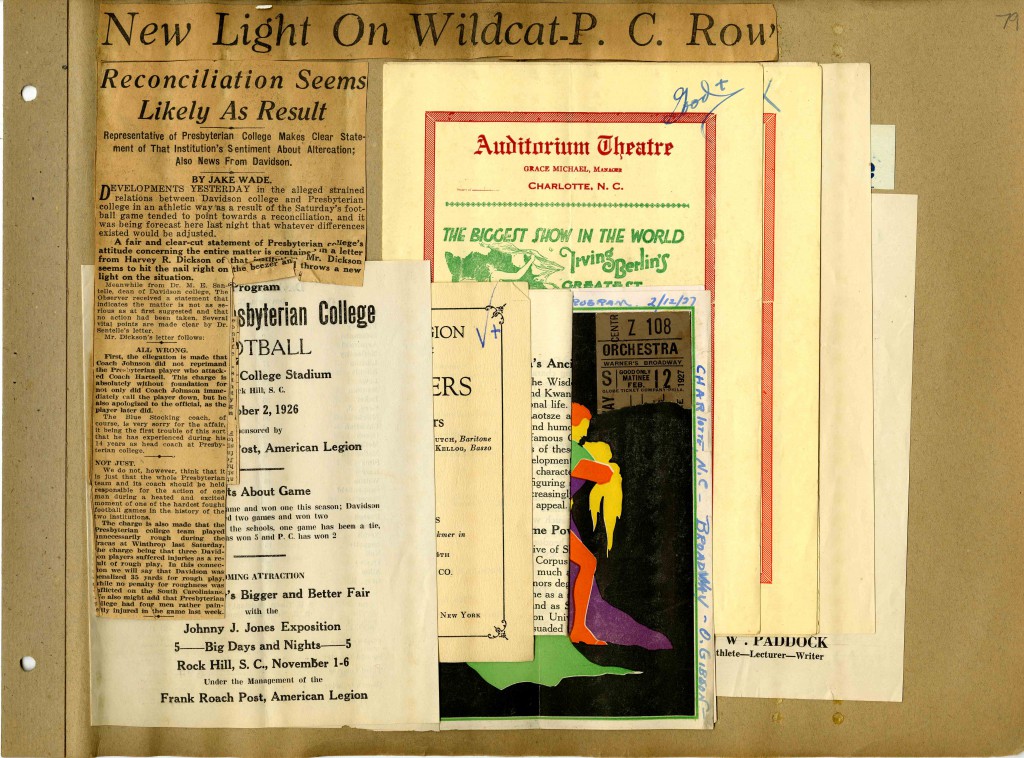 Page 79 of the Brown scrapbook - five play programs an a newspaper clipping with the heading, "New Light On Wildcat-P.C. Row