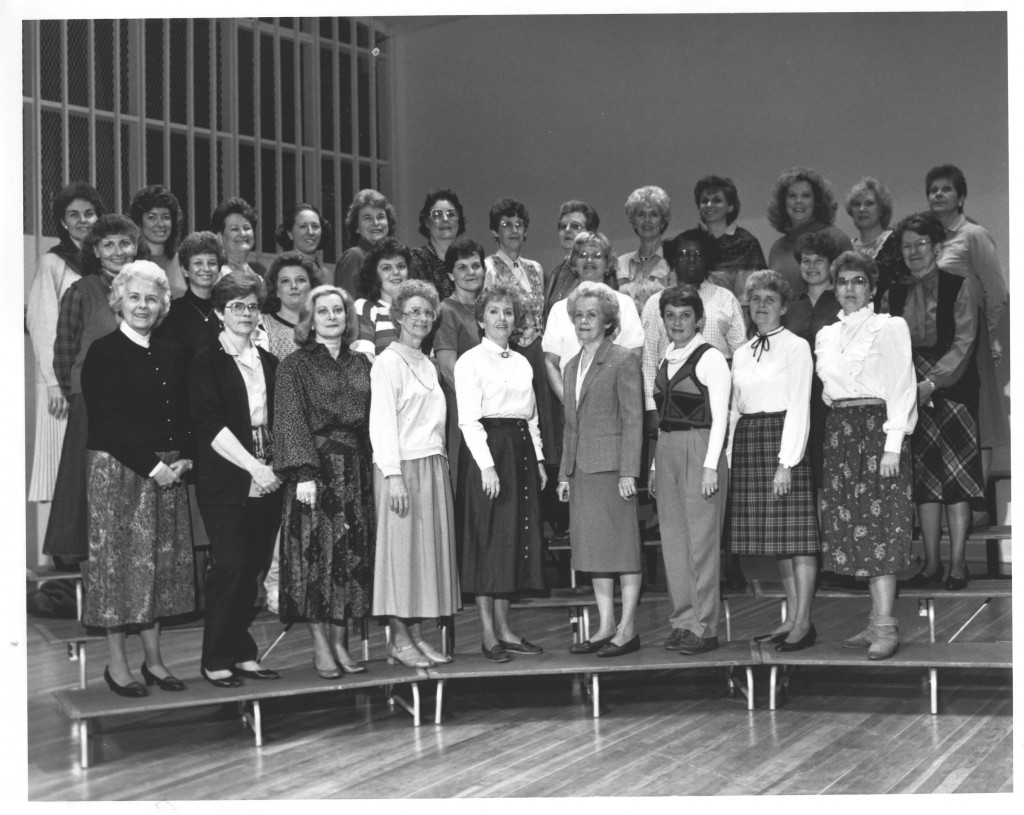 Members of Office Support Staff in Fall 1989. 1st row: (from left to right) Jeanne Mandt, Jane Biggerstaff, Judi Murphy, Ann Callahan, Pat Snow, Mary Wilson, Barbara Mayer, Pat Richart, Mittie Wally; 2nd row: (from left to right) Pat Gardner, Mary Mack Benson, Glenda Erwin, Kristi Mayhew, Cheryl Branz, Jean Martin, Ethel Black, Katrina French, Frances White; 3rd row: (from left to right) Diann Cavin, Gail Hoke, Aileen Vinson, Harriet Kessler, Sara Paige Lewis, Barbara Carmack, Pat Burgess, Frances McCorkle, Jo Archie, Joan Franz, Gail Sloop, Brenda King, Sarah Jackson.