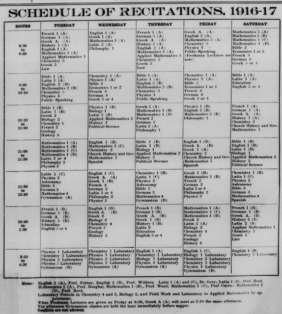 The 1916-17 class schedule from the Davidsonian