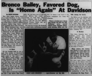 26 November 1951 Davidsonian story with the heading, "Bronco Bailey, Favored Dog, Is "Home Again" At Davidson"