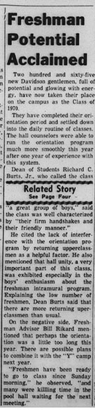 16 September 1966 Davidsonian article praising the new class and raising questions about orientation length, with the heading, "Freshman Potential Acclaimed"