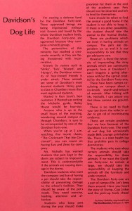 1974 editorial titled, "Davidson's Dog Life" about the defense of campus dogs.