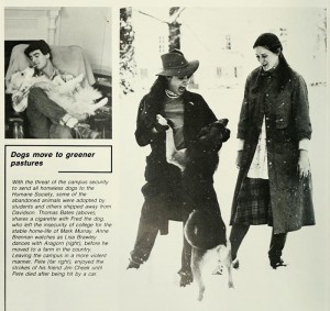 1982 yearbookpage for dogs titled, "Dogs move to greener pastures" with an image of a man holding a dog sitting in a chair and another image of two woman, one dancing with the dog holding its two paws in the air while the other woman watches, it is snowing