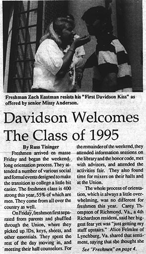 Davidsonian article describing orientation, the heading, "Davidson Welcomes The Class of 1995" with an image of Freshman Zach Eastman resisting "his "First Davidson Kiss" as offered by senior Missy Anderson"