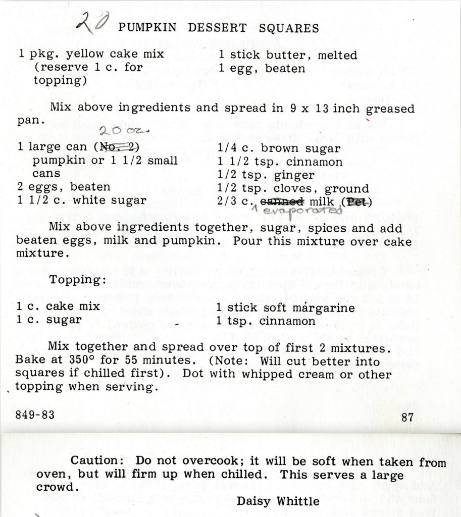 Daisy Whittle's recipe for Pumpkin Dessert Squares