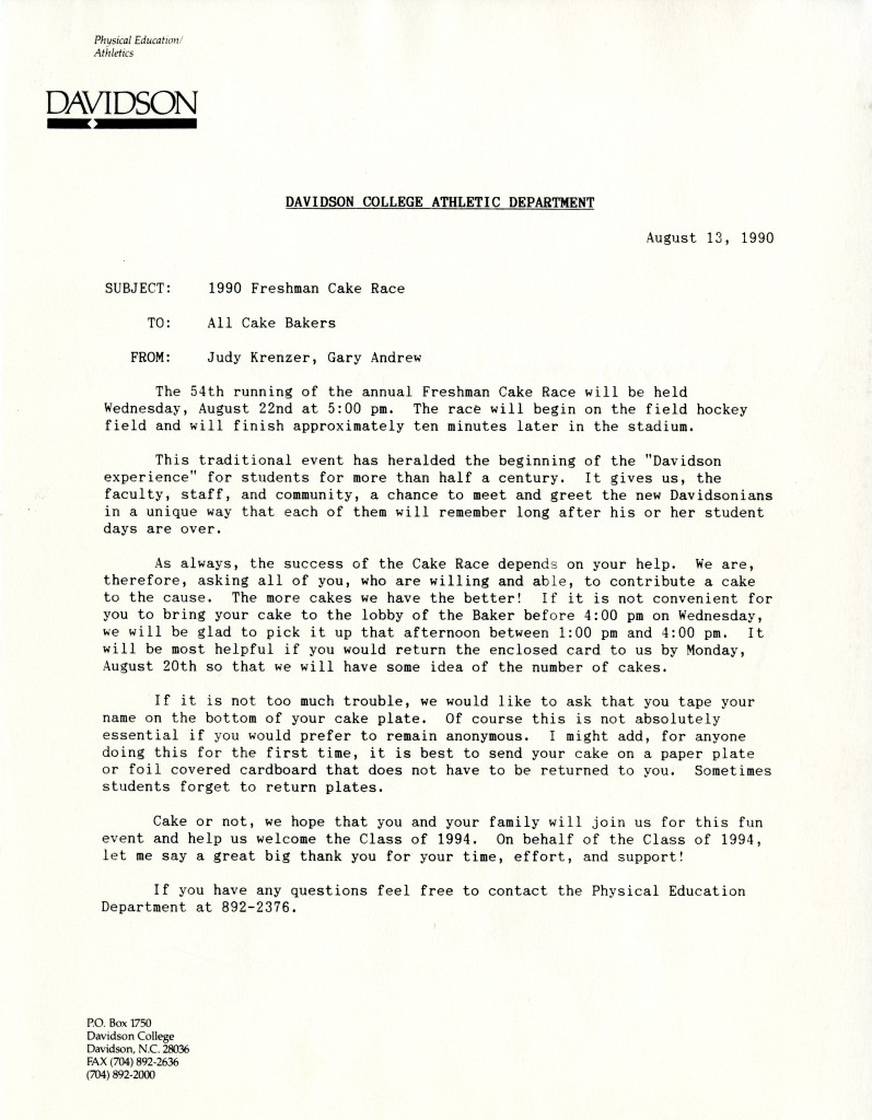 A letter to "All Cake Bakers" Cakes are solicited from College employees and townspeople alike, as this 1990 memo shows.