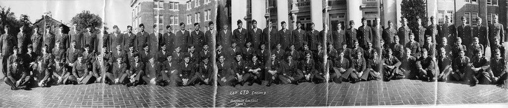 panoramic photograph from 1943 of a class of airmen taking training at Davidson College. William Randolph is on the front row, fifth from the right.