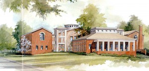 Drawn view of proposed visual arts building from Main Street.