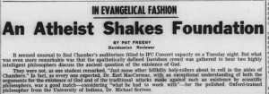 Headline from 7 February 1964 Davidsonian, "An Atheist Shakes Foundation"