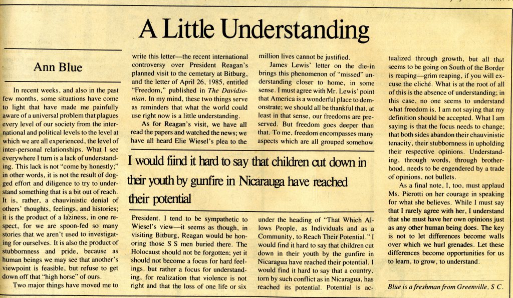 Anne Blue's response to John Lewis also ran in the May 3, 1985 issue. Anne Blue Wills is now a professor of religion at Davidson College.