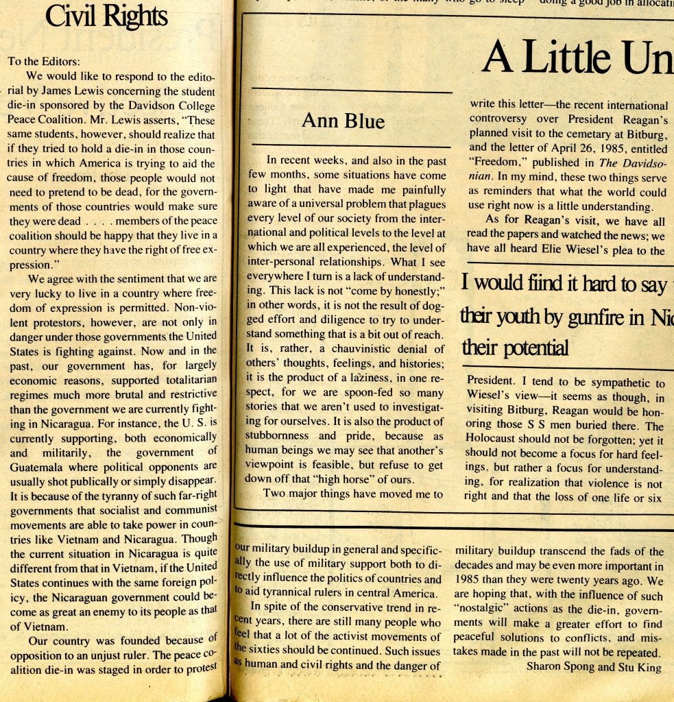 Sharon Spong and Stu King's Letter to the Editor in response to John Lewis ran in the May 3, 1985 issue of The Davidsonian.