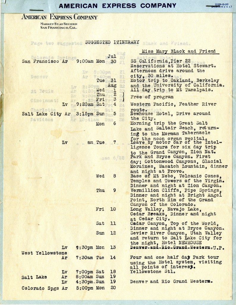 A suggested itinerary from one of Mary Black's later travels - this one is for a west coast trip. From American Express Company