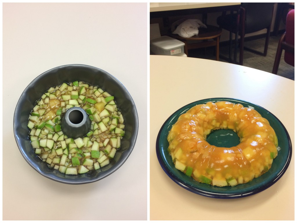 The finished product, Gingerale fruit salad before and after un-molding!