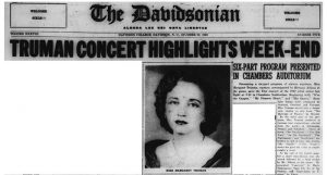 Article in the Davidsonian with the headline, "Truman Concert Highlights Week-End" with an image of Margaret Truman