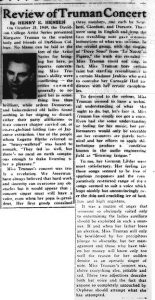 October 28, 1949 review in the Davidsonian, "Review of Truman Concert"