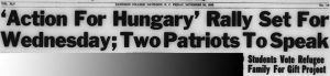 1956 Davidsonian headline showing student interest in world affairs, "'Action For Hungary' Rally Set For Wednesday; Two Patriots To Speak"