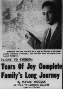 Last article in series - 22 February 1957 with an image of Istvan Hocsak pointing to a map, "Tears Of Joy Complete Family's Long Journey"