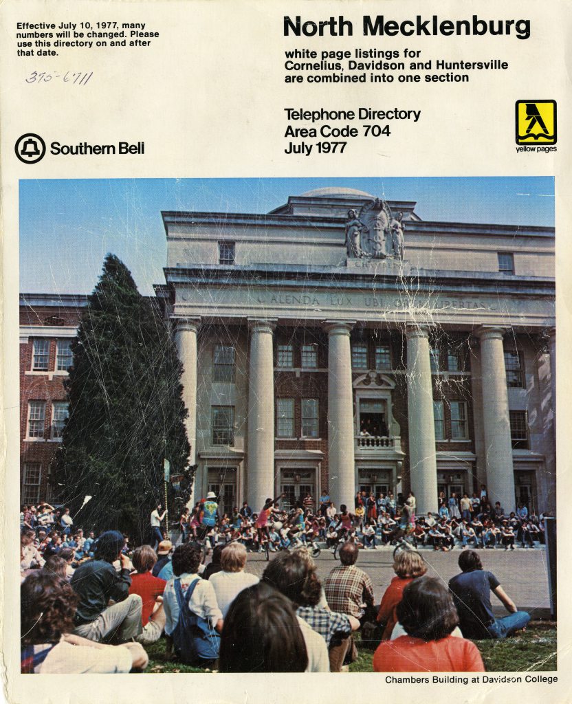 Students gathered around Chambers Building graced the cover of the July 1977 North Mecklenburg telephone directory.