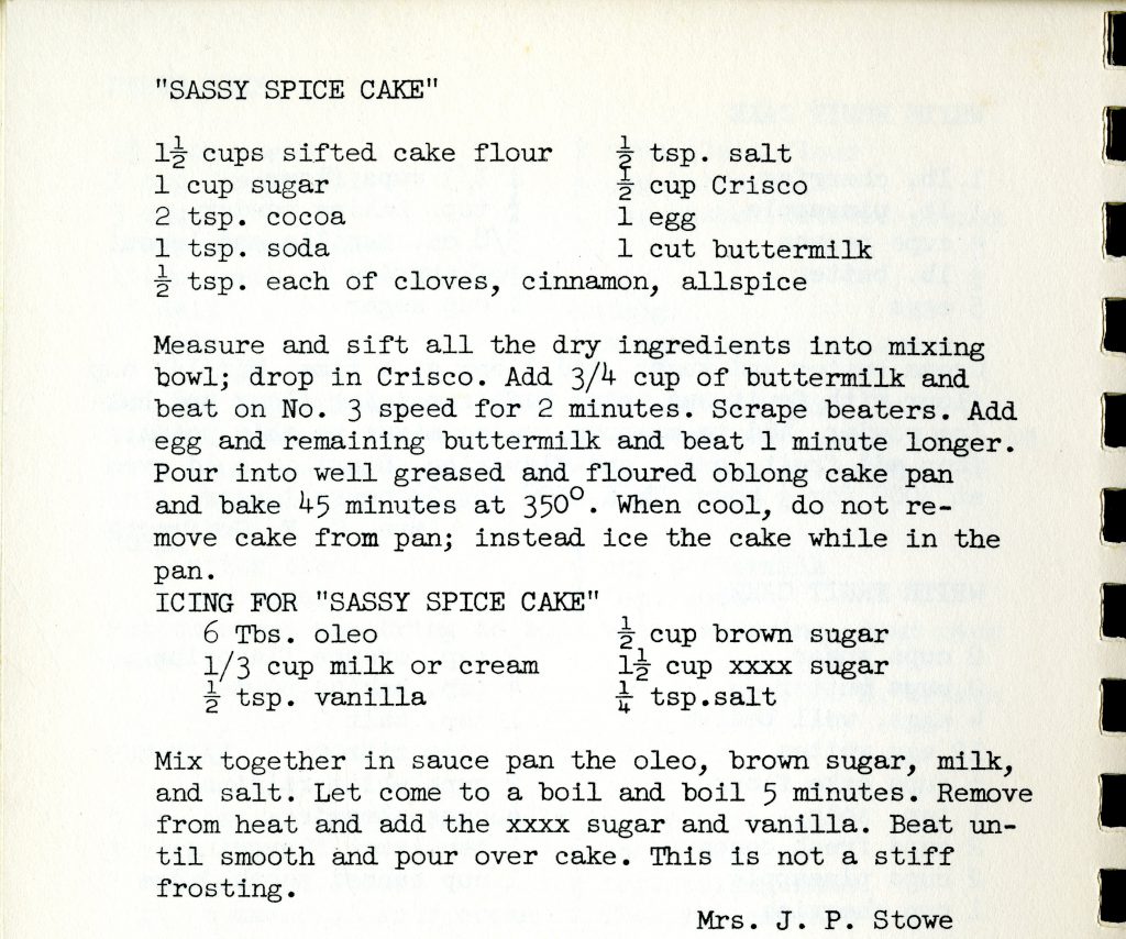 Agnes Stowe's Sassy Spice Cake recipe.