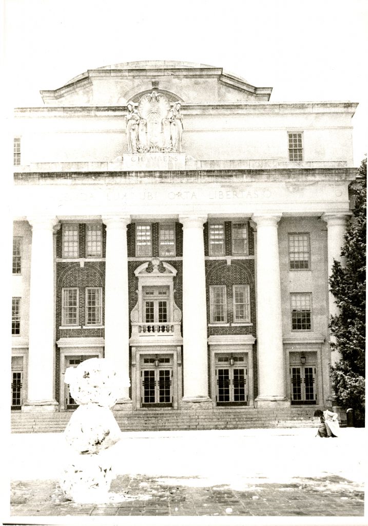 A snowman in front of Chambers, 1977.