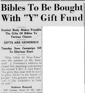 19 November 1941 article following up on the Gift Fund project, "Bibles To Be Bought With "Y" Gift Fund"