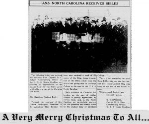 Front page war news after Peark Harbor still focused on Bibles with the heading, "A Very Merry Chirstmas To All..." with an image of U.S. soldiers holding bibles