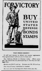 War bond cartoon on the editorial page in the February 5th issue. "For Victory Buy United States Defense Bonds Stamps" with an image of a man with a rifle.