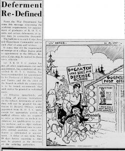 Article with the heading, "Deferment Re-Defined" with a cartoon of people walking up to the Dogpatch post office, one holding a sign saying, "Do