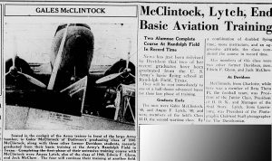 First recognition of Davidson students entering the military in an article with the heading, "McClintock, Lytch, End Basic Aviation Training" with an image of a plane captioned, "Gales McClintock"