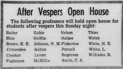 First Open House notice printed in Davidson on 18 February 1966, "After Vespers Open House"