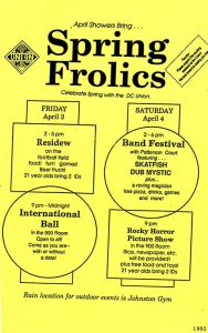 A flyer for Spring Frolics 1992 with flowcharts of events happending