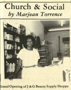 A flyer with a picture of Gloria Kerns at opening of her shop on South Main Street in Davidson, "Church & Social by Marjean Torrence"