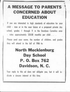 Notice published in the Mecklenburg Gazette in 1965, about integration with the heading, "A message to parents concerned about education"