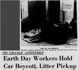 Headline and photo from 24 April 1970 Davidsonian, "Earth Day Workers Hold Car Boycott, Litter Pickup"