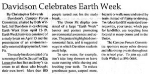 27 April 1992 Davidsonian account of Earth Day, "Davidson Celebrates Earth Week"