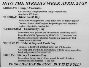 In 1995, Earth Day becomes a part of community service via Into the Streets, This document shows the events occuring each day for, "Into The Streets Week April 24-28"